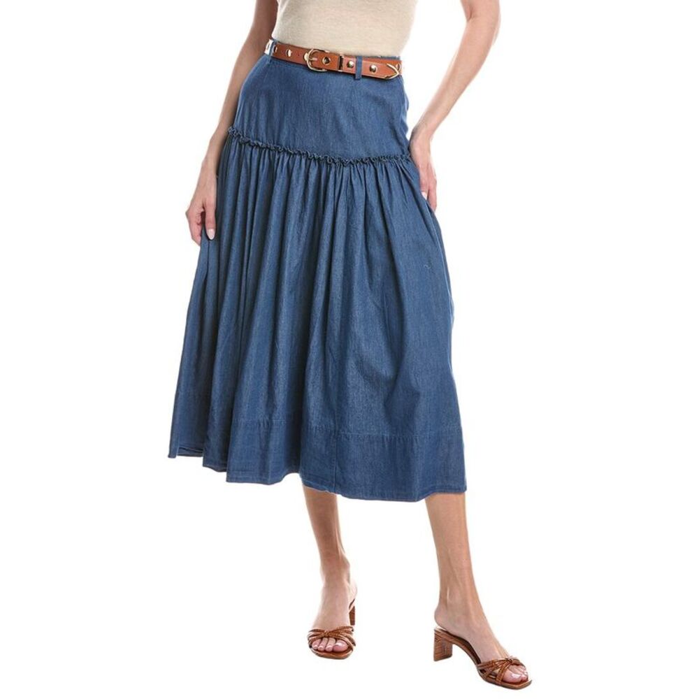 Cece Womens  Belted Denim Midi Circle Skirt, Blue